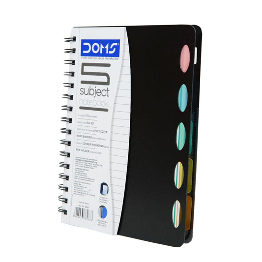 Doms 5 Subject Poly Cover Wiro Notebook | 70 GSM, 5 Subject, 300 Pages | 21.6 x 14 CM | The Book is Sturdy & Long Lasting | Pack Of 1