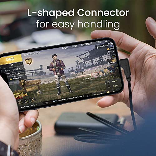 Ambrane Type-C To Lightning Cable, 22.5W Fast Charging, L Shape for Easy Holding, 480Mbps Data Sync, PD Technology, Braided Cable for iPhone, iPad, Macbook, iMac and Airpods - 1.2m (ABLTLS-12 Black)