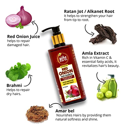 4x The Indie Earth Advanced Red Onion Shampoo 300ml/10 Fl.Oz with 15+ natural ingredients including Red Onion, Curry Leaf & Indian Alkanet Root - Pack of 4