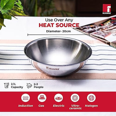 Bergner Tripro Triply Stainless Steel Cook and Serve Tasla/ Tasra Kadai / Handleless Wok with Lid, 20 cm, 2.1 Litres, Flared Rim, Heavy Bottom, Induction and Gas Ready, Silver