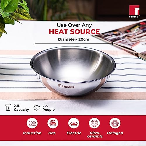 Bergner Tripro Triply Stainless Steel Cook and Serve Tasla/ Tasra Kadai / Handleless Wok with Lid, 20 cm, 2.1 Litres, Flared Rim, Heavy Bottom, Induction and Gas Ready, Silver
