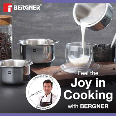 Bergner BE Bergner Essentials Tri-Ply Stainless Steel Junior 10 cm (500 ml) Tope/Patila/Topia, Even Heat Distribution, Consumes Less Oil, Easy to Clean, Induction Bottom and Gas Ready, 5-Year Warranty