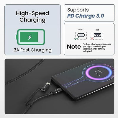 Ambrane 2-in-1 Type-C & Lightning Cable with 60W Fast Charging, PD Technology, 480Mbps Data Sync, Braided Cable Compatible with All Type-C & iPhone, iPad, Macbook & Airpods, 1.2m (ACDCS-12, Black)