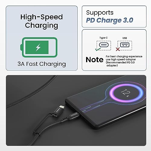 Ambrane 2-in-1 Type-C & Lightning Cable with 60W Fast Charging, PD Technology, 480Mbps Data Sync, Braided Cable Compatible with All Type-C & iPhone, iPad, Macbook & Airpods, 1.2m (ACDCS-12, Black)
