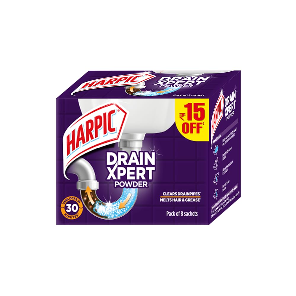 Harpic Disinfectant Toilet Cleaner Liquid, Orange - 1 L & Harpic Drain Xpert Drain Cleaner Powder (50g x 8) | Effective Sink Cleaner, Drain Blockage Remover, Drain Pipe Cleaner