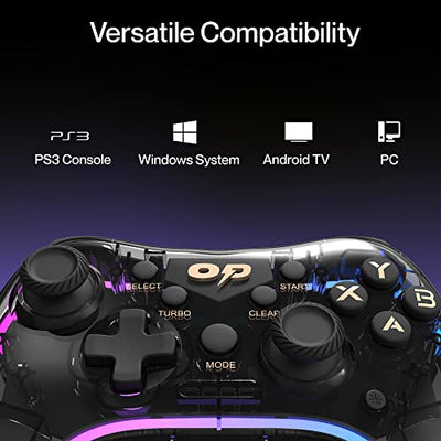 Ambrane Wireless Gaming Controller with Transparent Design, 2.4GHz Wireless Technology, Integrated Dual Intensity Motor, Illuminated Pad for PC - Windows, PS3 Console & Android TV(OP-WLGC01, Black)
