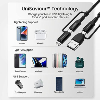 Ambrane 4-in-1 Type-C & Lightning Cable with 60W Fast Charging, 480Mbps Data Sync, PD Technology, Compatible with All Type-C and Apple Devices, 1.2m (ACQCS-12 Black)