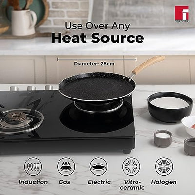 Bergner Bellini Plus Aura 5-Layer Non-Stick 28 cm Dosa Tawa, Soft Touch Wooden Finish Handle, Food Safe, PFOA Free, Even Heat Distribution, 4mm Thickness, Induction Bottom, 1-Year Warranty - Black