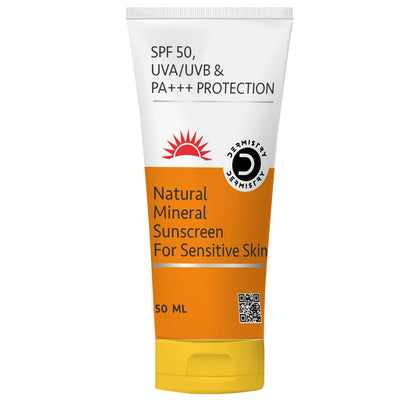 Dermistry Natural Mineral Based Oil Free Pollution Protect Water Based Sunscreen SPF 50 For Sensitive Skin, UVA UVB PA+++ Protection Water Resistant Men Women Children & Kids - 50ml