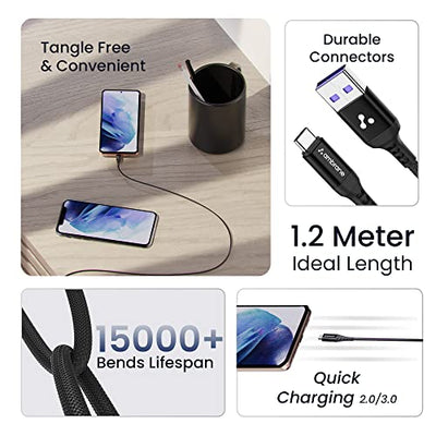 Ambrane Ultra Fast Type C Charging Cable, 65W VOOC Technology, Perfectly Compatible with Samsung, Mi, Realme, Oppo, Vivo, OnePlus, Nothing Devices, 480Mbps Data Sync, Braided, 1.2 M (ABCVS-12 Black)