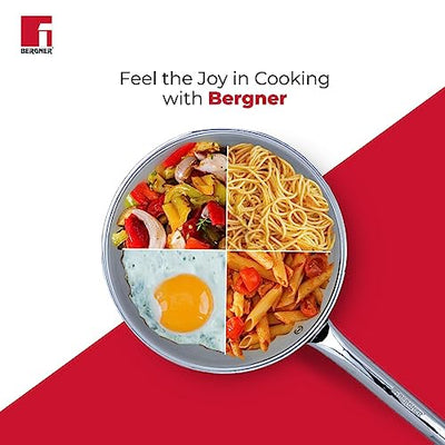 Bergner Tripro Triply Stainless Steel Frypan/ Skillet, 22 cm, 1.1 Litres, Ergonomic Stay Cool Handle, Flared Rim, Efficient and Fast Heating, Induction, Gas and Metal Spatula Friendly