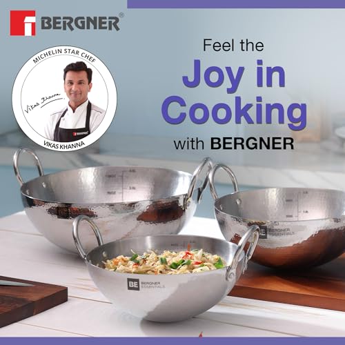 BERGNER BE Essentials 16 cm Hammered Kadai, 990ml Kadhai Without Lid, Thickness 2.2 mm, Food Safe, Sturdy and Durable, Easy to Clean, Gas Stove Ready, Dishwasher Safe, 5-Year Warranty, Silver