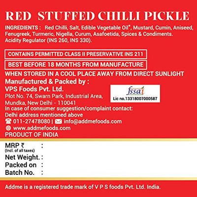 Add Me Red Stuffed Chilli Pickle 500gm Home Made lal mirch mirchi ka Bharwa Indian achar Pickles in Mustard Oil Glass Pack