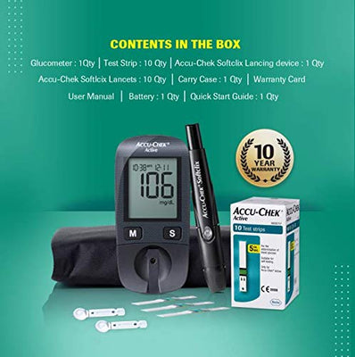 Accu-Chek Active Blood Glucose Glucometer Kit With Vial Of 10 Strips, 10 Lancets And A Lancing Device Free For Accurate Blood Sugar Testing