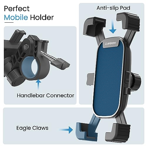 Ambrane Mobile Phone Holder Stand for Bikes, Autos, 360° Rotation, One-Click Locking, Anti-Shaking Design, Securely Holds 5.2" to 6.7" Phones, Perfect for GPS Navigation (MotoGrip)
