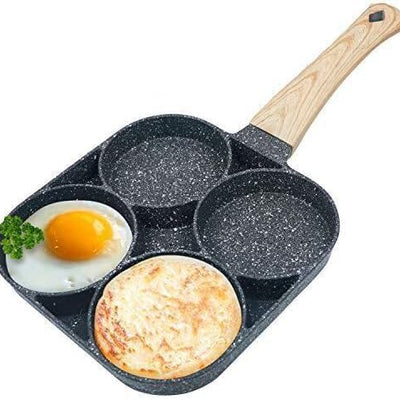 Cazuela 4 Cups Egg Pan Omelette Pan Frying Pan Egg Frying Pan 4 Cup Crepe Pan Granite Egg Cooker Breakfast Pancakes Pan Suitable for Gas Stove & Induction Cookware (Wood Grain Handle)