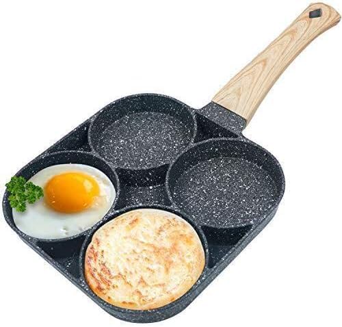 Cazuela 4 Cups Egg Pan Omelette Pan Frying Pan Egg Frying Pan 4 Cup Crepe Pan Granite Egg Cooker Breakfast Pancakes Pan Suitable for Gas Stove & Induction Cookware (Wood Grain Handle)