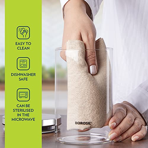 Borosil Classic Glass Jar, Air-Tight Storage Container For Kitchen, Glass Jar For Storing Spices, Snacks, Grains, Dals, Set of 2 (600 ml each), Clear