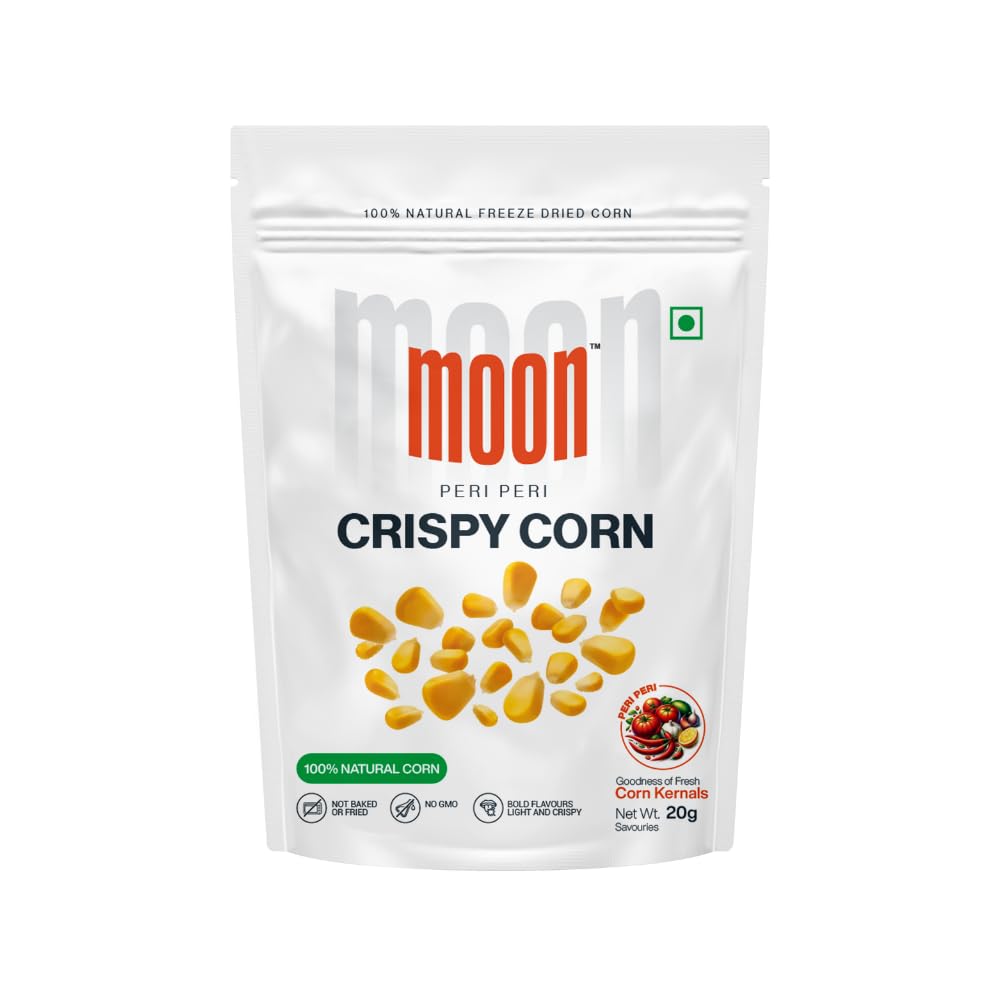 Moon Freeze Dried Peri Peri Crispy Corn 20g Pack of 01 |Not Baked or Fried | No GMO |No Oil & Preservatives | Healthy Snacks | High Protein | Source of Fiber | Gluten-Free | Low Fat | Assorted Pack | 100% Natural Light & Crispy Corn