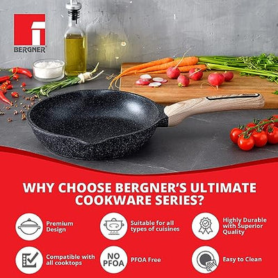 BERGNER Ultimate ILag Marble Non Stick Frypan/Frying Pan, 24 cm, 1.8 litres, Induction Base, Wooden Soft Touch Handle, Food Safe (PFOA Free), Thickness 4.5mm, 1 Year Warranty, Grey