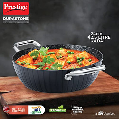 Prestige Durastone Hard Anodised 6 Layer Non-Stick Kadai with Glass Lid, (24 cm, 2.5 Litre) (Black)