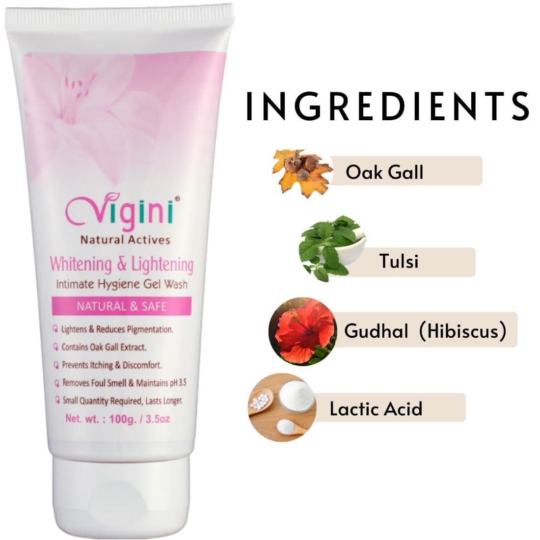 Vigini Feminine Hygiene Intimate Care Lactic Acid Gel Wash 100ml, Aleo Vera Neem oak Gall Tea Tree Extract, Lemon Neem Oil for Women pH Balanced Cream Products Pack of 1