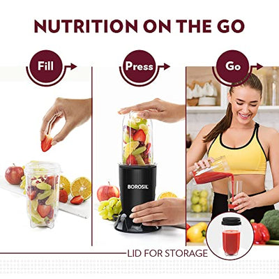Borosil Plastic Nutrifresh Pb31 Portable Mini-Blender & Grinder, 500 Ml Blending Jar, 300 Ml Chutney Jar, For Blending Smoothies & Chutneys, Dry Grinding Spices, Black, 400 W, 400 Watt