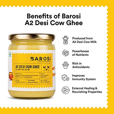 Barosi Premium A2 Cow Ghee 500 ml | A2 Danedar Desi Ghee | Churned from Curd with Bilona Method | Pure & Aromatic | Organic, Farm Made in Small Batches | Glass Jar Packing