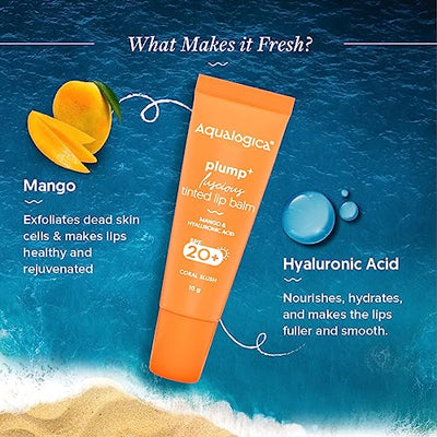 Aqualogica Coral Slush Plump+ Luscious Lightweight Tinted Lip Balm with Spf 20+ for Women and Men - Lip Mask with Mango & Hyaluronic Acid for Intense Hydration | for Dry & Dehydrates Lips -10g