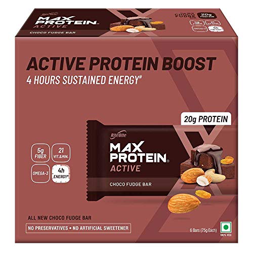 RiteBite Max Protein Active Choco Fudge Protein Bars (Pack of 6) * 75gm each 20g Protein Blend, Fiber, Vitamins & Minerals , No Preservatives, 100% Veg, For Energy, Fitness & Immunity