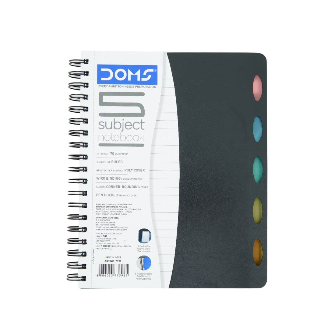 Doms Wiro Binding Notebook | 5 Subject Book | Single Line Ruled | 70GSM | 300 Pages | 25.0 x 17.8 cm | Pack of 1