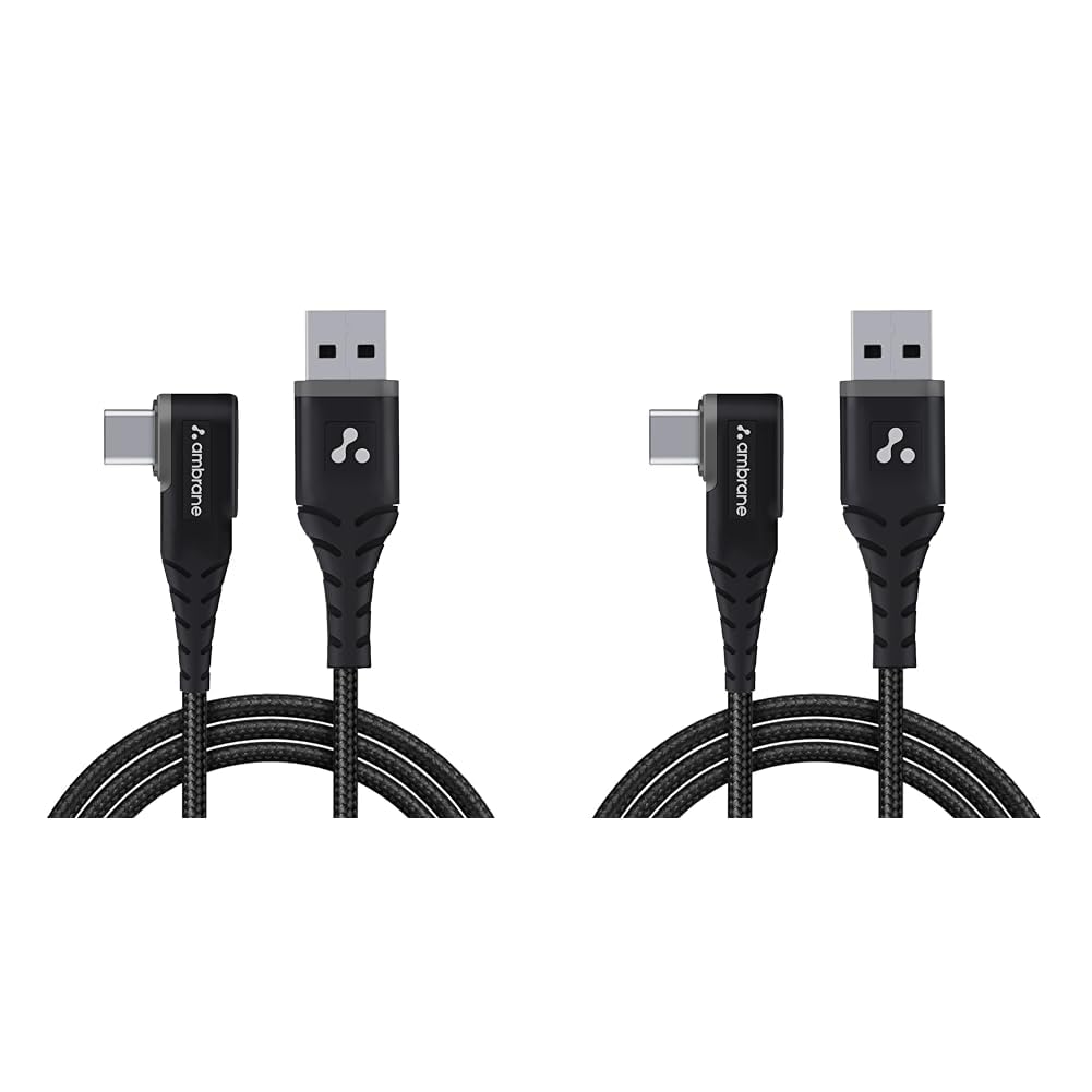 Ambrane Type C Mobile Charging Cable 3A Fast Charging, 1.5m L Shaped Braided Cable, 480Mbps Data Transfer for Smartphones, Tablet, Laptops & Other Type C Devices (ABLC10, Black) (Pack of 2)