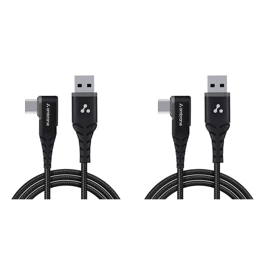Ambrane Type C Mobile Charging Cable 3A Fast Charging, 1.5m L Shaped Braided Cable, 480Mbps Data Transfer for Smartphones, Tablet, Laptops & Other Type C Devices (ABLC10, Black) (Pack of 2)