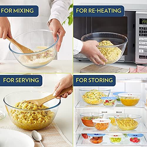 Borosil Glass Serving & Mixing Bowls with Lids, Oven & Microwave Safe Bowls, Set of 3 (500 ml + 900 ml + 1.3 L), Borosilicate Glass, Clear