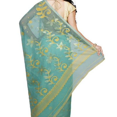 BENGAL HANDLOOM Women's Cotton Silk Flower Dhakai Allover Soft Jamdani Sarees, Blue