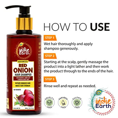 4x The Indie Earth Advanced Red Onion Shampoo 300ml/10 Fl.Oz with 15+ natural ingredients including Red Onion, Curry Leaf & Indian Alkanet Root - Pack of 4