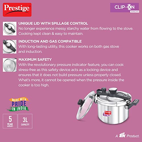 Prestige 5 Litres Svachh Clip-on Induction Base Outer Lid Stainless Steel Pressure cooker | Easy to Open lid | Deep Lid controls spillage | Silver | Pressure Indicator | Anti-bulge Base | Cool Touch Weight