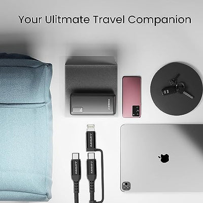 Ambrane 2-in-1 Type-C & Lightning Cable with 60W Fast Charging, PD Technology, 480Mbps Data Sync, Braided Cable Compatible with All Type-C & iPhone, iPad, Macbook & Airpods, 1.2m (ACDCS-12, Black)