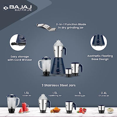 Bajaj Ninja Series Trinity 750W 4 Jar Mixer Grinder| DuraCut Blades by Bajaj|Powerful 750W Titan Motor| 3-SS Jars & 1 Juicer Jar| 5-Yr Warranty by Bajaj| Royal Blue (Indian Plug)