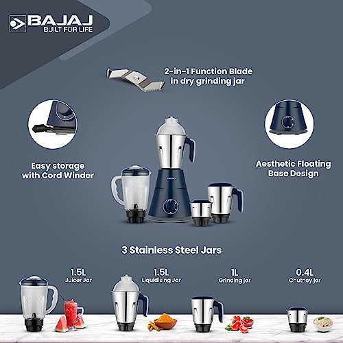 Bajaj Ninja Series Trinity 750W 4 Jar Mixer Grinder| DuraCut Blades by Bajaj|Powerful 750W Titan Motor| 3-SS Jars & 1 Juicer Jar| 5-Yr Warranty by Bajaj| Royal Blue (Indian Plug)