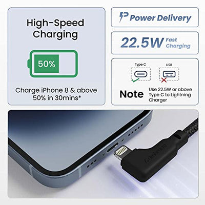 Ambrane Type-C To Lightning Cable, 22.5W Fast Charging, L Shape for Easy Holding, 480Mbps Data Sync, PD Technology, Braided Cable for iPhone, iPad, Macbook, iMac and Airpods - 1.2m (ABLTLS-12 Black)
