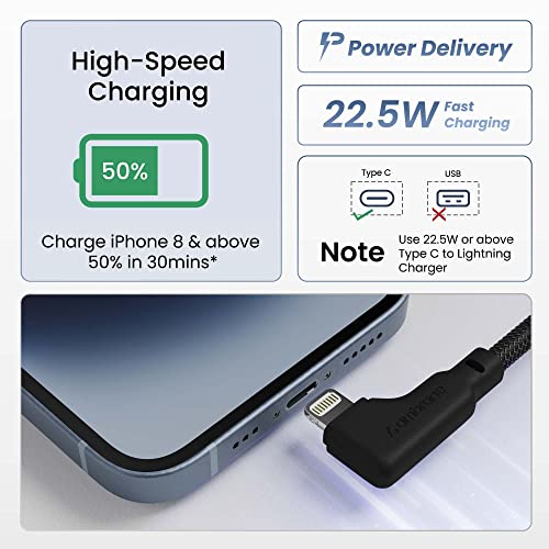 Ambrane Type-C To Lightning Cable, 22.5W Fast Charging, L Shape for Easy Holding, 480Mbps Data Sync, PD Technology, Braided Cable for iPhone, iPad, Macbook, iMac and Airpods - 1.2m (ABLTLS-12 Black)
