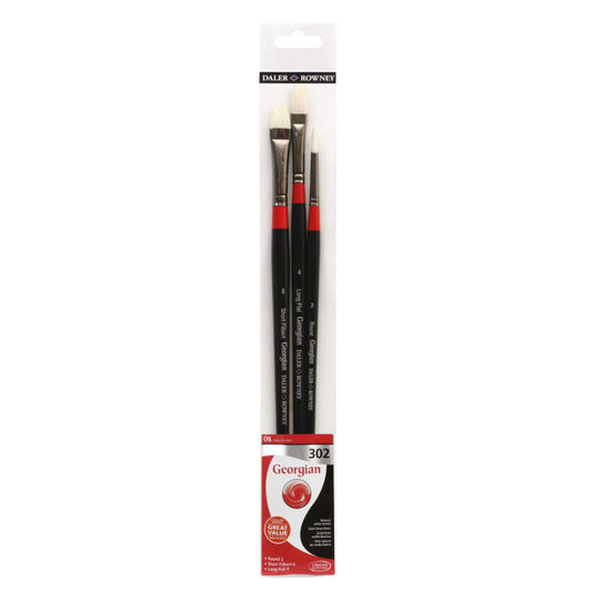 Daler-Rowney Georgian Long Handle Natural Hair 302 Oil Colour Brushes Wallet Set (3 Brushes)