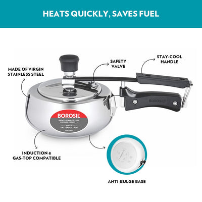 Borosil Pronto 1 L Inner Lid Stainless Steel Pressure Cooker | 6.8 mm Thick Base, Even Heat Distribution | Gas & Induction Campatible | 5 Years Warranty