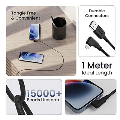 Ambrane Lightning Cable, 12W Fast Charging, L Shape for Easy Holding, Fishnet Nylon Braided, 480 Mbps Data Sync Cable for iPhone, iPad, Macbook, iMac, AirPods, 1m (ABLLS-10, Black)