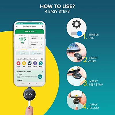BeatO CURV Smartphone Connected Glucometer Machine | FREE 50 Strips & 50 Lancets (Type-C USB Connector) | Simple & accurate testing of Blood sugar levels at home |Sugar Test Machine | ISO Certified: Made in India
