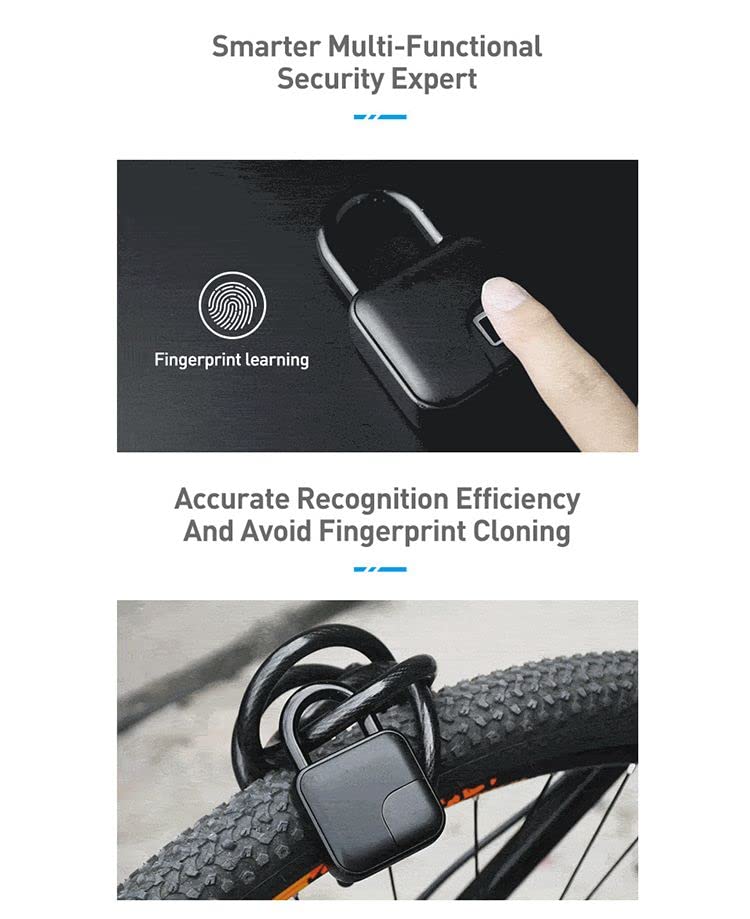 Arcnics® - Rugged Smart Fingerprint Padlock, Bluetooth Enabled Rechargeable Padlock, 10 Fingerprints Support, Keyless/Passwordless Access, Waterproof (IP65), Works with Smart Life (Black)