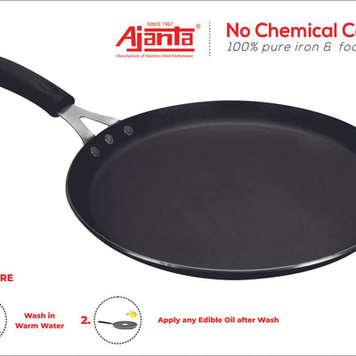 AJANTA Iron DOSA TAWA (11 inch, 3 MM Thickness) for Dosa/Roti/chapati| Gas and Induction Friendly | Non Toxic | Naturally Nonstick| Pure Iron Cookware