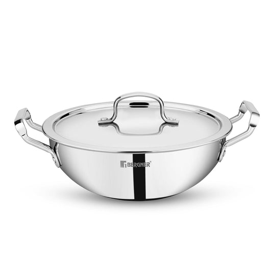 Bergner TriPro TriPly 24 cm Deep Kadai, 3 L Capacity, Stainless Steel Lid, For Curry/StirFry/DeepFry/DryVeg, Broad Hold Handles, Laser-Etched Scale, Smooth Finished Surface, Induction & Gas Ready, 5-Year Warranty