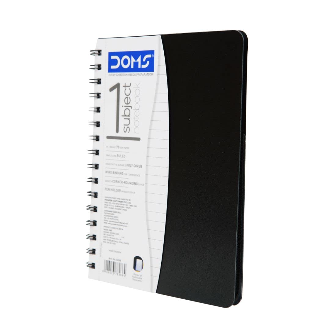 Doms 1 Subject Poly Cover Wiro Notebook | 70 GSM, Single Line, 160 Pages | 21.6 x 14 CM | The Book is Sturdy & Long Lasting | Pack Of 1